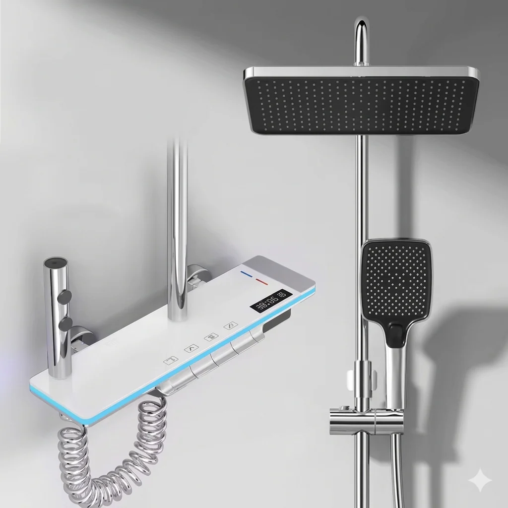 Dalarna - Smart Shower System with Lights, Tempered Glass Piano Key Controls, Digital Temperature Display (°C) Thermostatic Mixer Full Set - Image 10