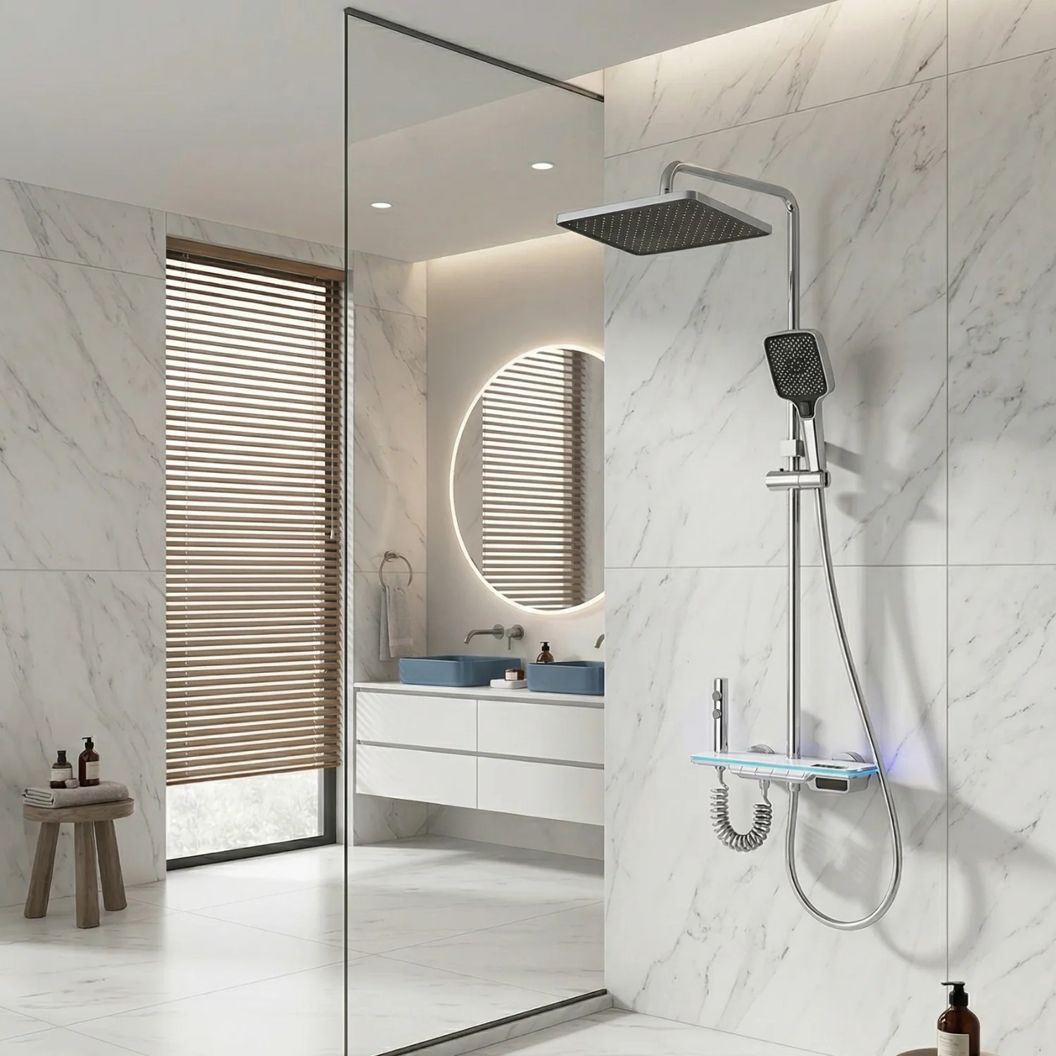 Dalarna - Smart Shower System with Lights, Tempered Glass Piano Key Controls, Digital Temperature Display (°C) Thermostatic Mixer Full Set - Image 11