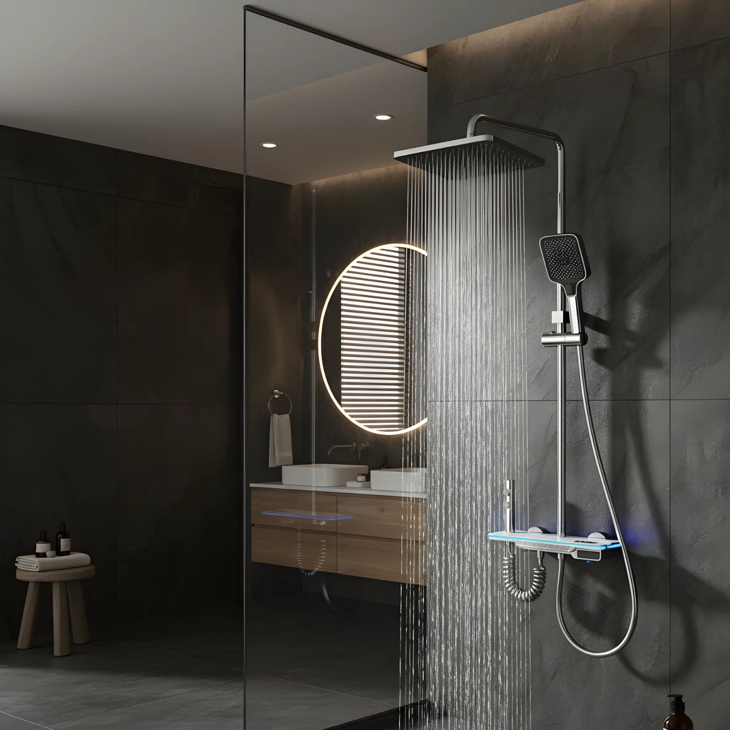 Dalarna - Smart Shower System with Lights, Tempered Glass Piano Key Controls, Digital Temperature Display (°C) Thermostatic Mixer Full Set - Image 12