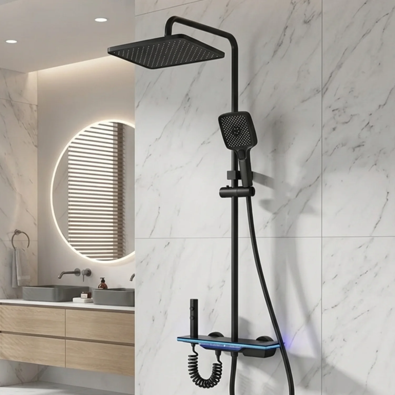 Dalarna - Smart Shower System with Lights, Tempered Glass Piano Key Controls, Digital Temperature Display (°C) Thermostatic Mixer Full Set - Image 3