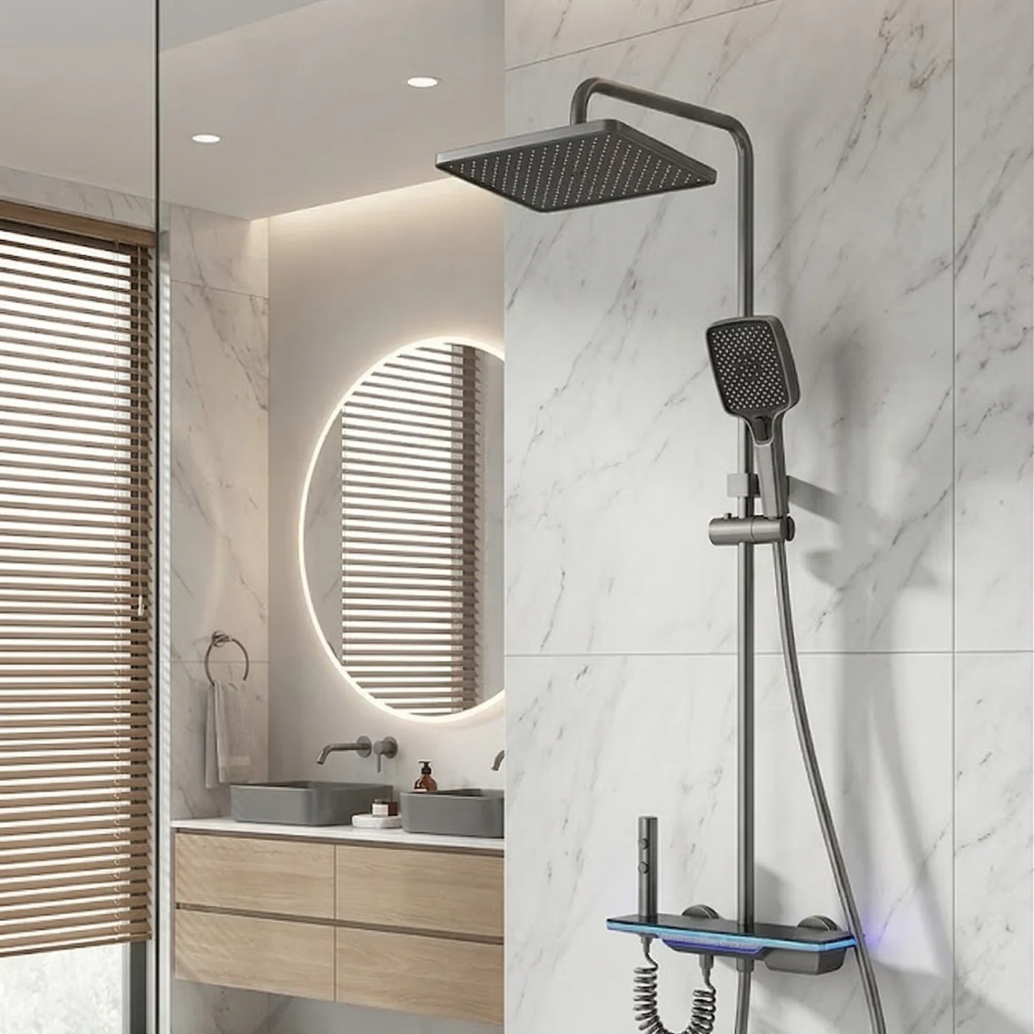 Dalarna - Smart Shower System with Lights, Tempered Glass Piano Key Controls, Digital Temperature Display (°C) Thermostatic Mixer Full Set - Image 5