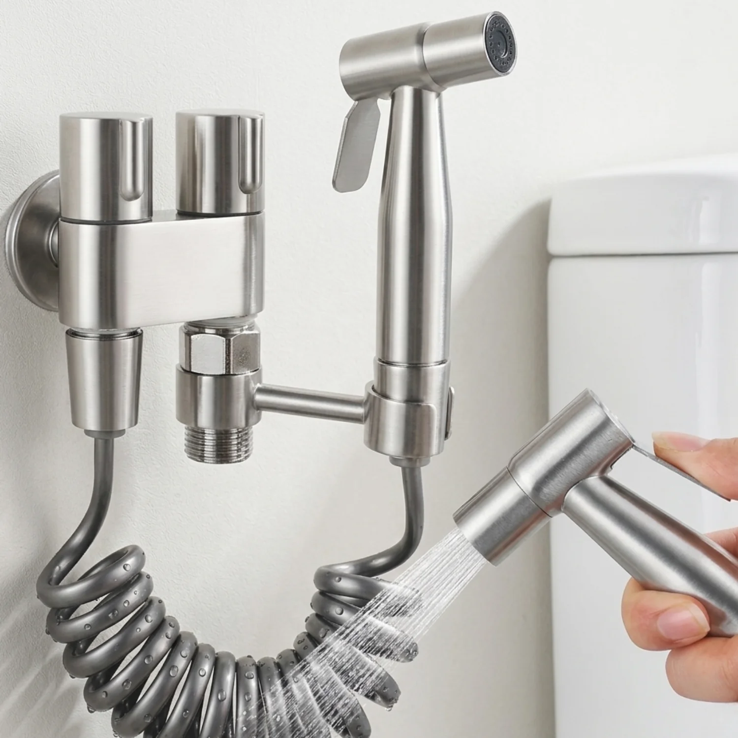 Glomma  - Stainless Steel Bidet Spray Gun Set – Handheld Toilet Hygienic Shower with Double Outlet Angle Valve - Image 5
