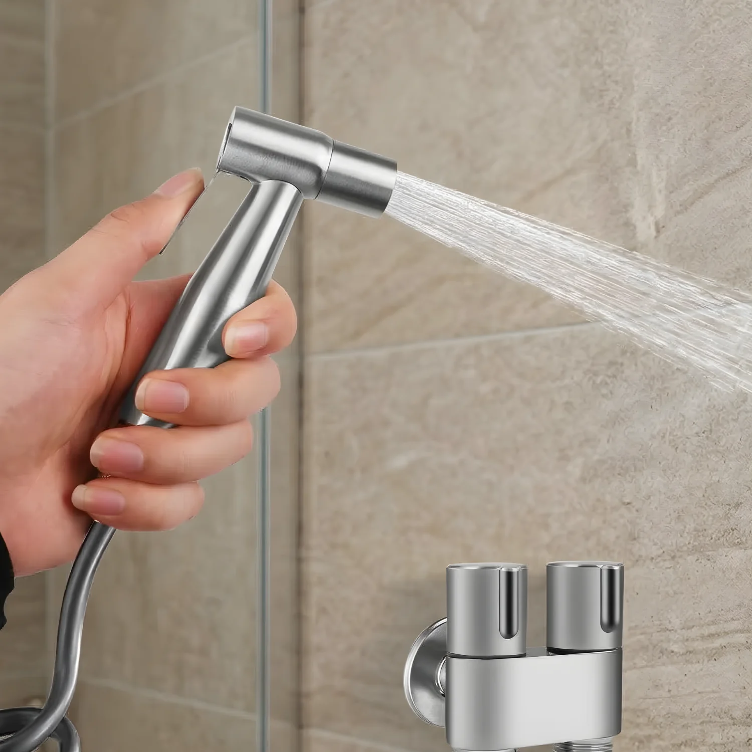 Glomma  - Stainless Steel Bidet Spray Gun Set – Handheld Toilet Hygienic Shower with Double Outlet Angle Valve - Image 7