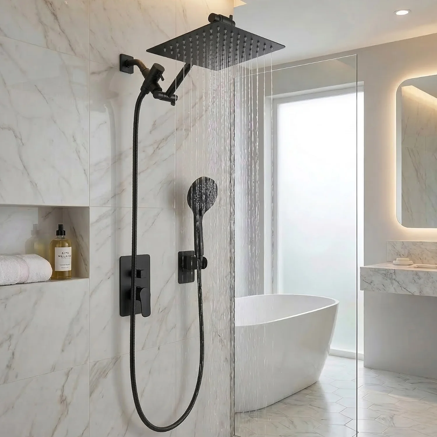 Halling - 8-12 Inch Square Rain Shower Head Combo High Pressure with Handheld Shower Spray & Extension Arm - Image 5