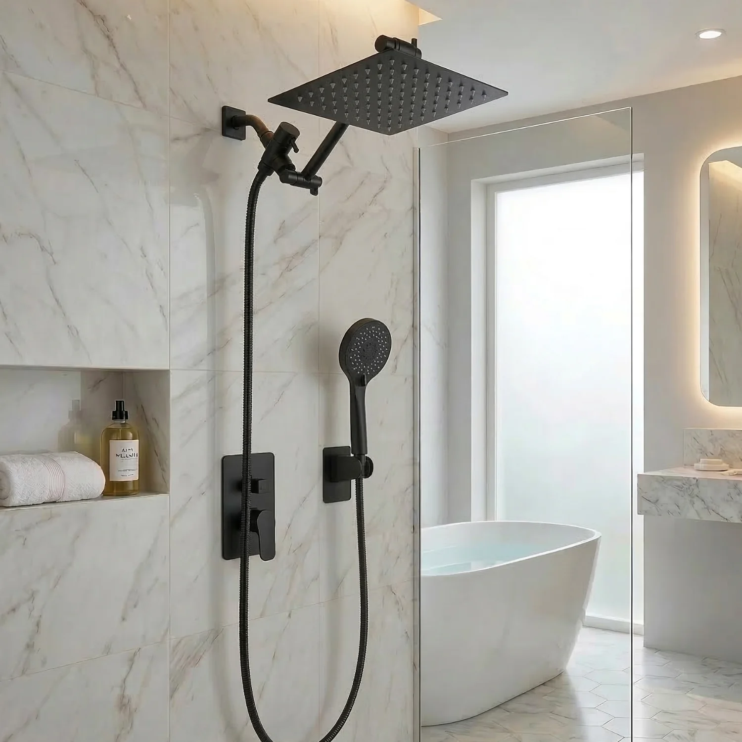 Halling - 8-12 Inch Square Rain Shower Head Combo High Pressure with Handheld Shower Spray & Extension Arm - Image 6