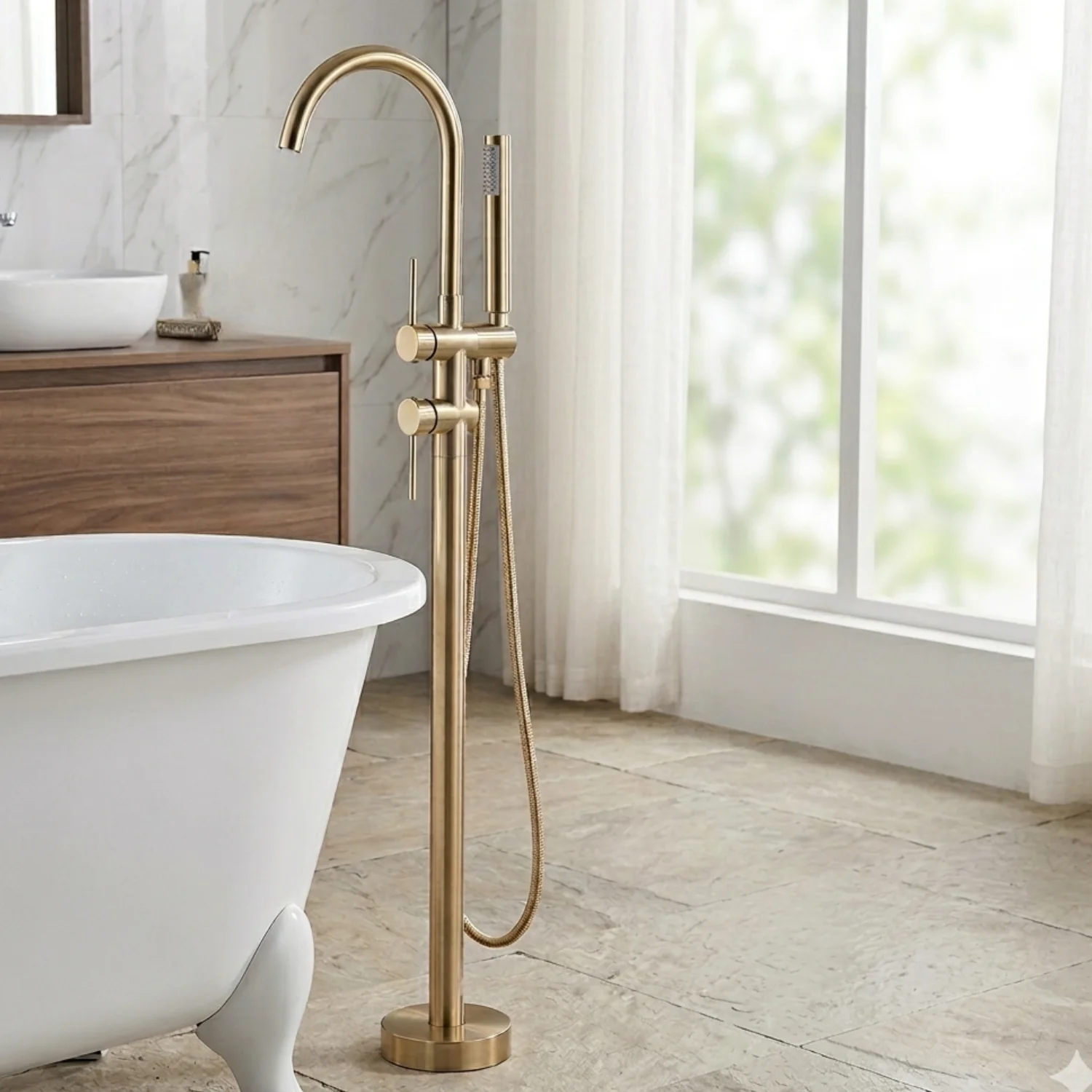 Klaralven - Bathtub Shower Faucet Set Floor Standing Shower System with 360 Swivel Spout Bathroom Bath Bathtub Mixer - Image 17