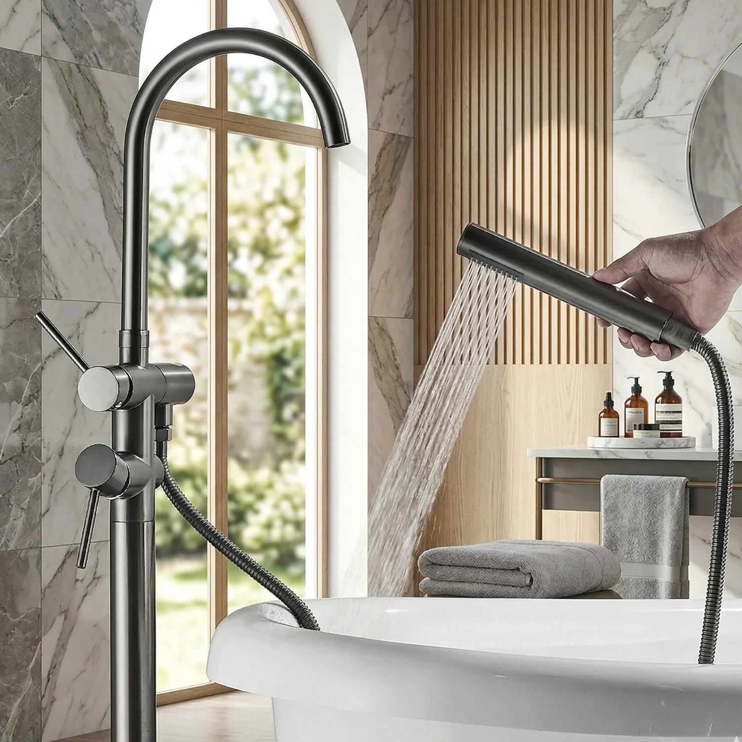 Klaralven - Bathtub Shower Faucet Set Floor Standing Shower System with 360 Swivel Spout Bathroom Bath Bathtub Mixer - Image 9