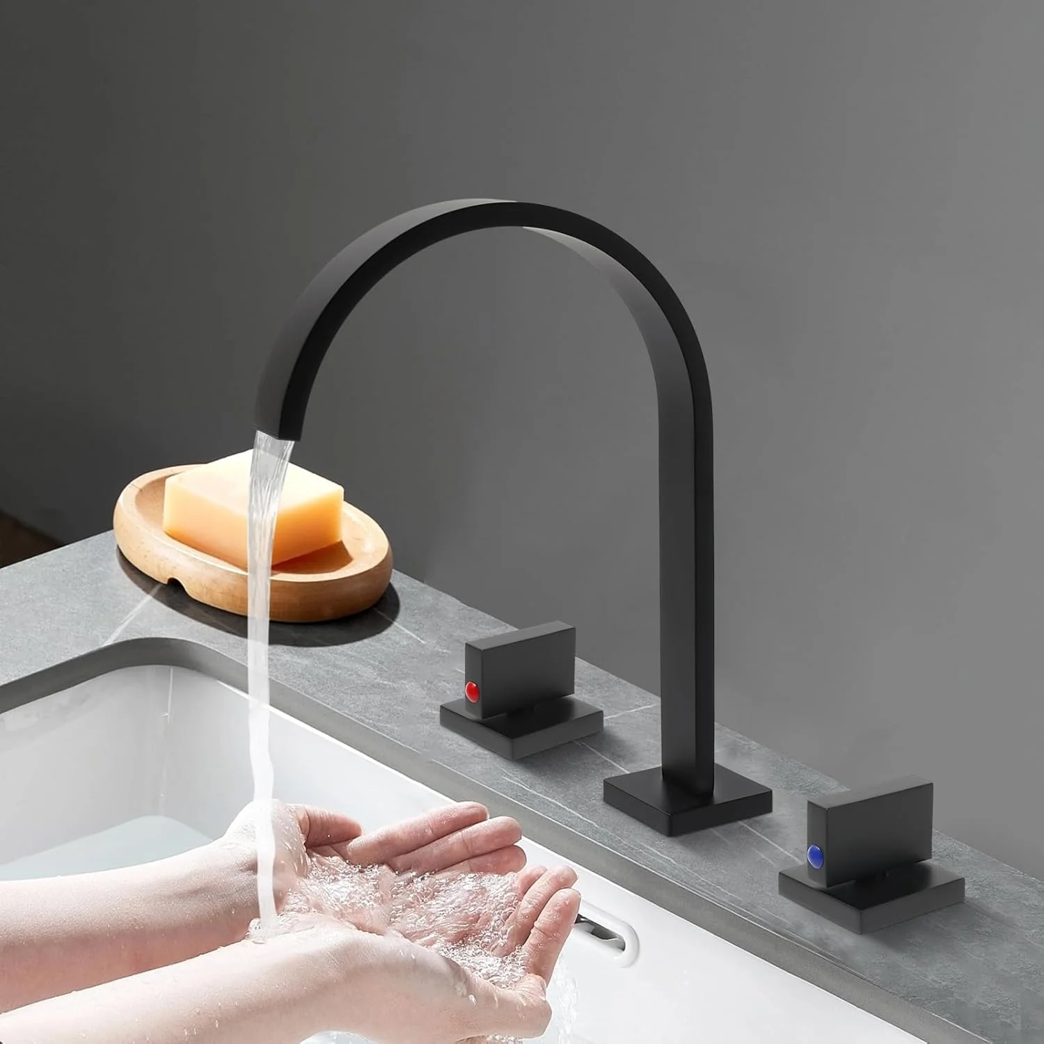 Laxa - Bathroom Faucet Square Design 3-Hole Double Handle Hot & Cold Tap - Image 16