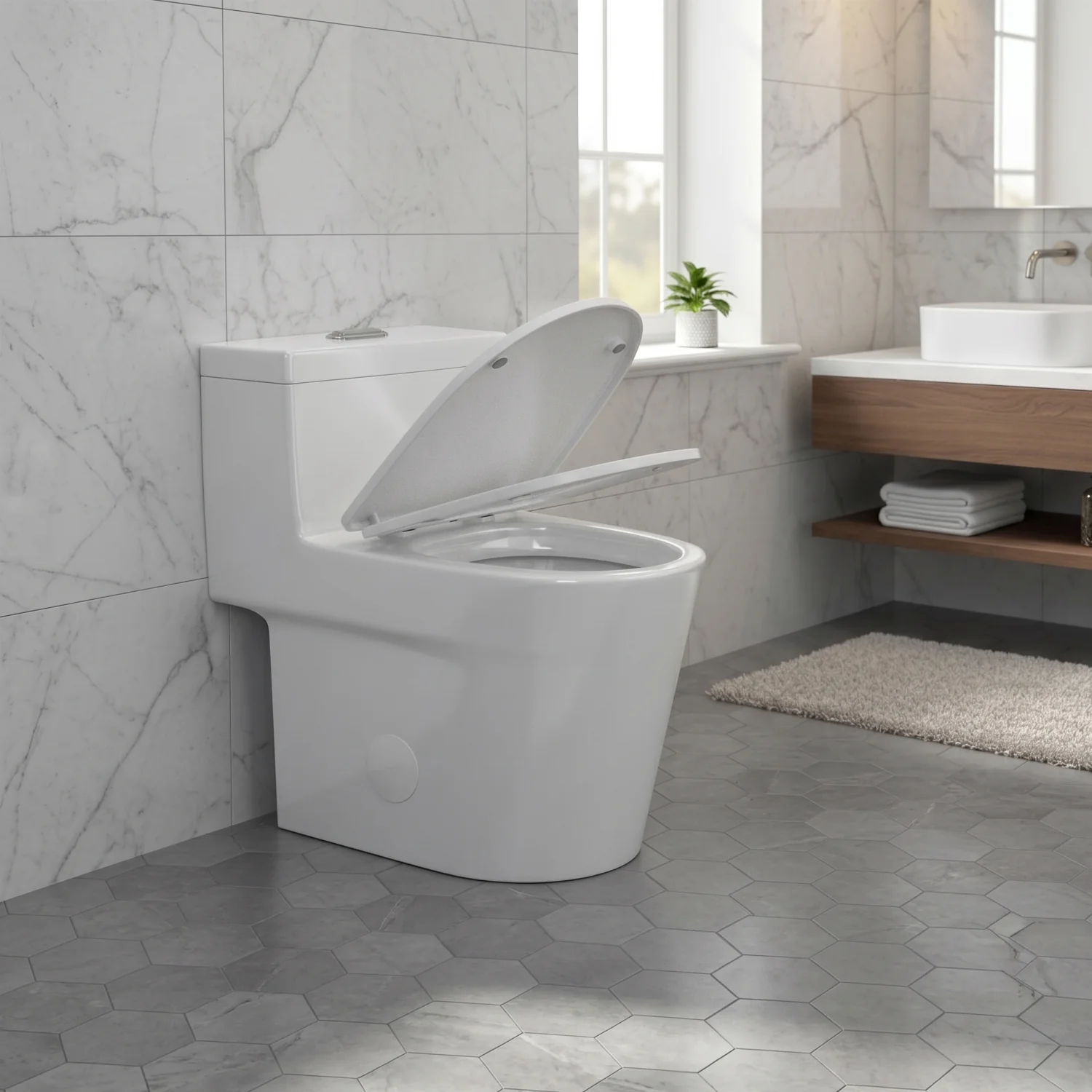 Are - One-Piece 1.1/1.6 GPF Dual Flush Round Toilet in White Soft Close Seat Included - Image 4