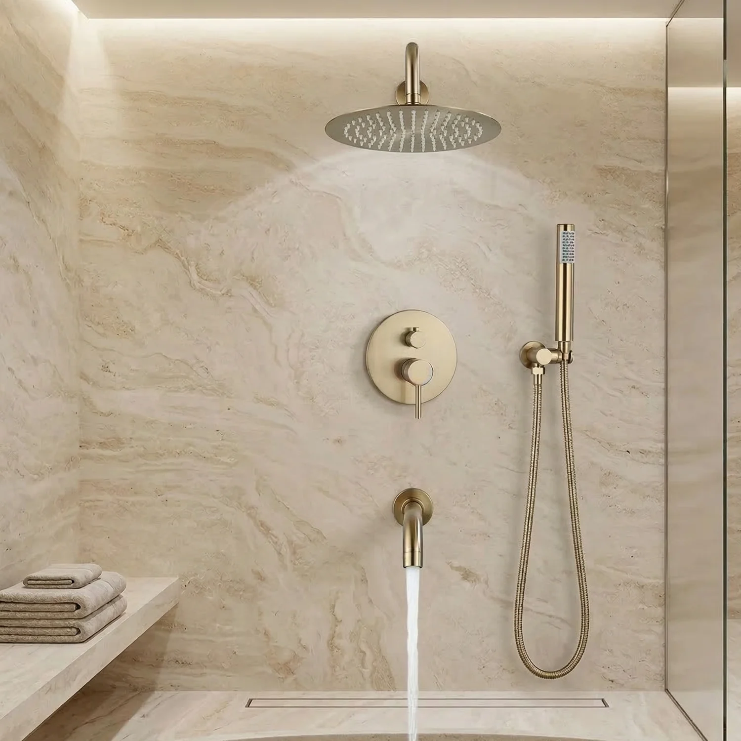 Odense -Brushed Gold Shower Faucet Wall Mounted Big Rainfall Head Hand Sprayer Set - Image 10