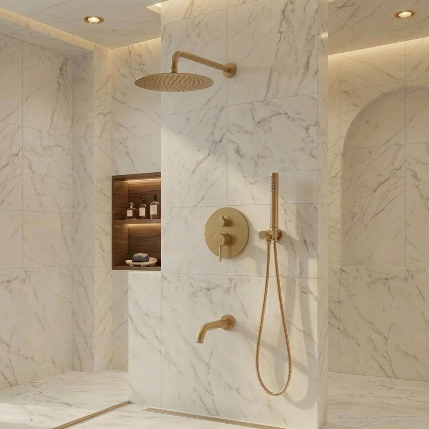 Odense -Brushed Gold Shower Faucet Wall Mounted Big Rainfall Head Hand Sprayer Set - Image 11