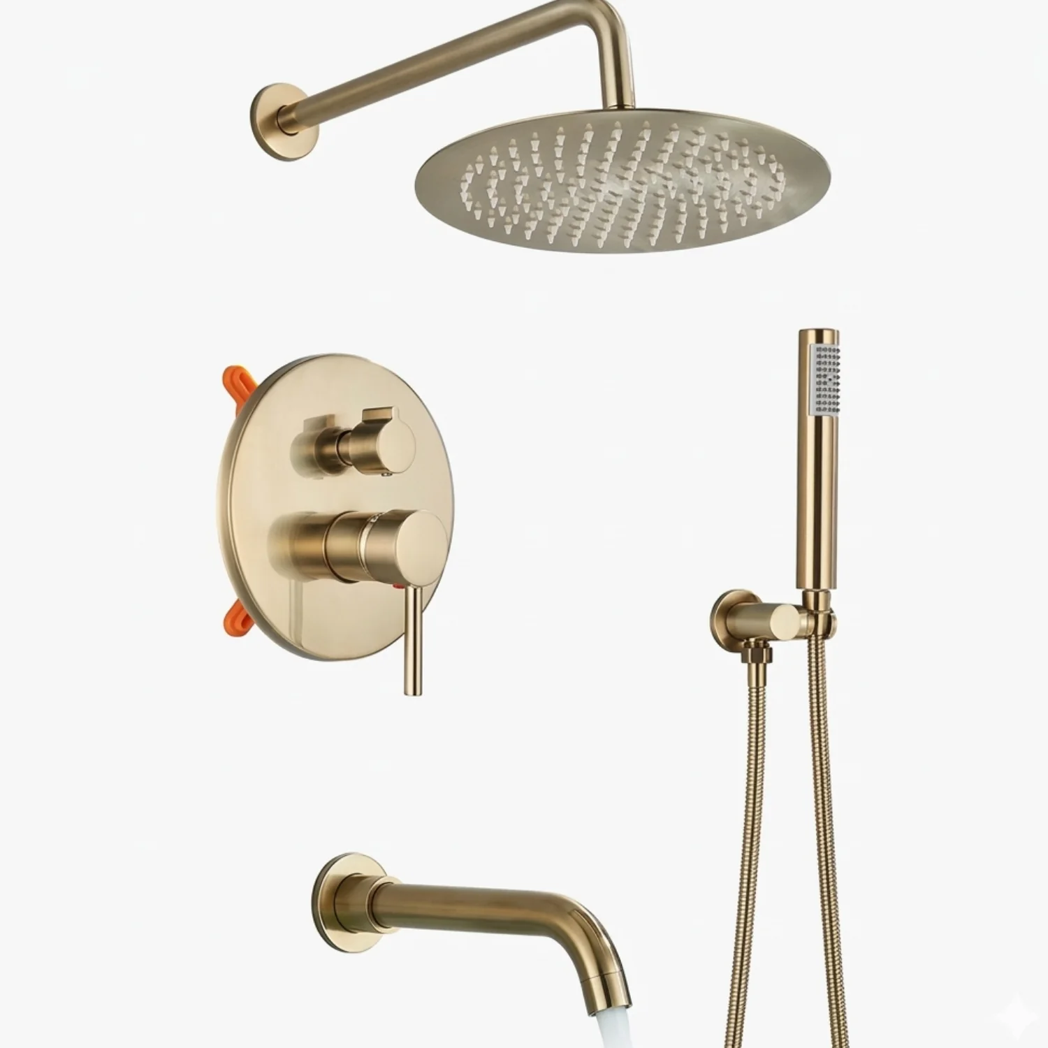 Odense -Brushed Gold Shower Faucet Wall Mounted Big Rainfall Head Hand Sprayer Set - Image 12