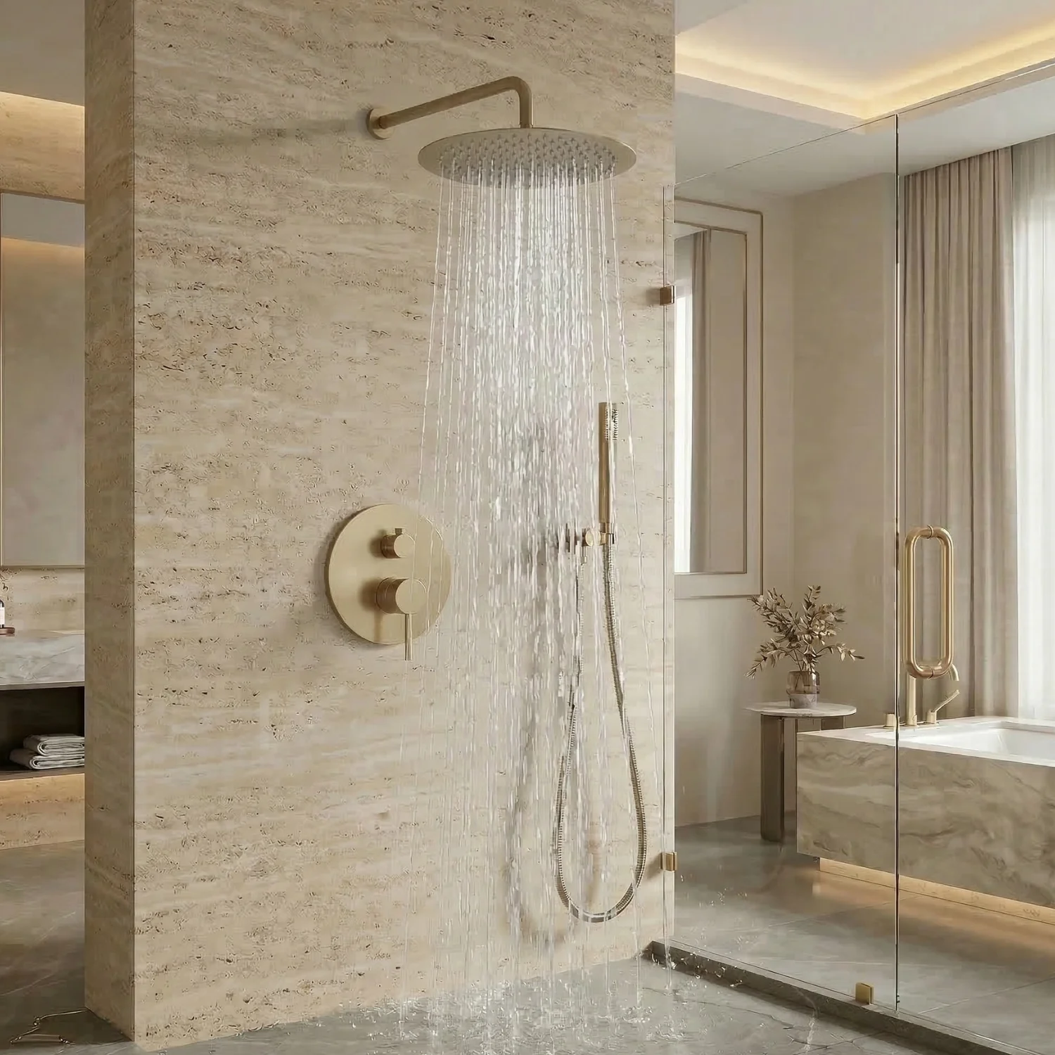 Odense -Brushed Gold Shower Faucet Wall Mounted Big Rainfall Head Hand Sprayer Set - Image 2