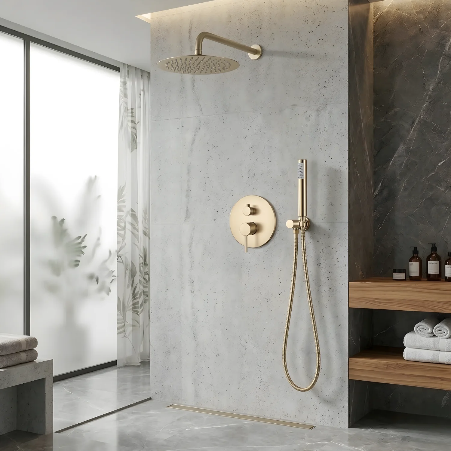 Odense -Brushed Gold Shower Faucet Wall Mounted Big Rainfall Head Hand Sprayer Set - Image 3