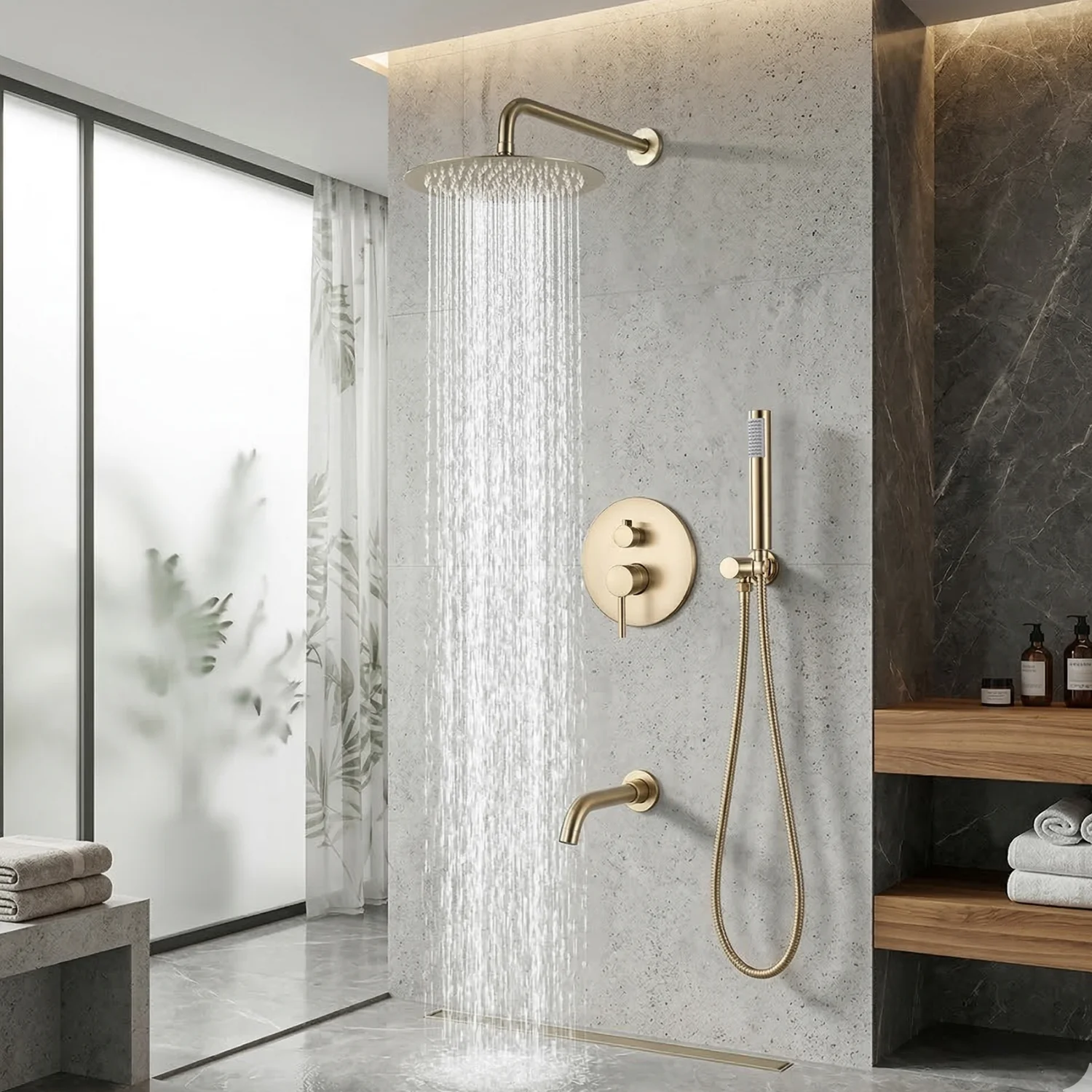 Odense -Brushed Gold Shower Faucet Wall Mounted Big Rainfall Head Hand Sprayer Set - Image 7