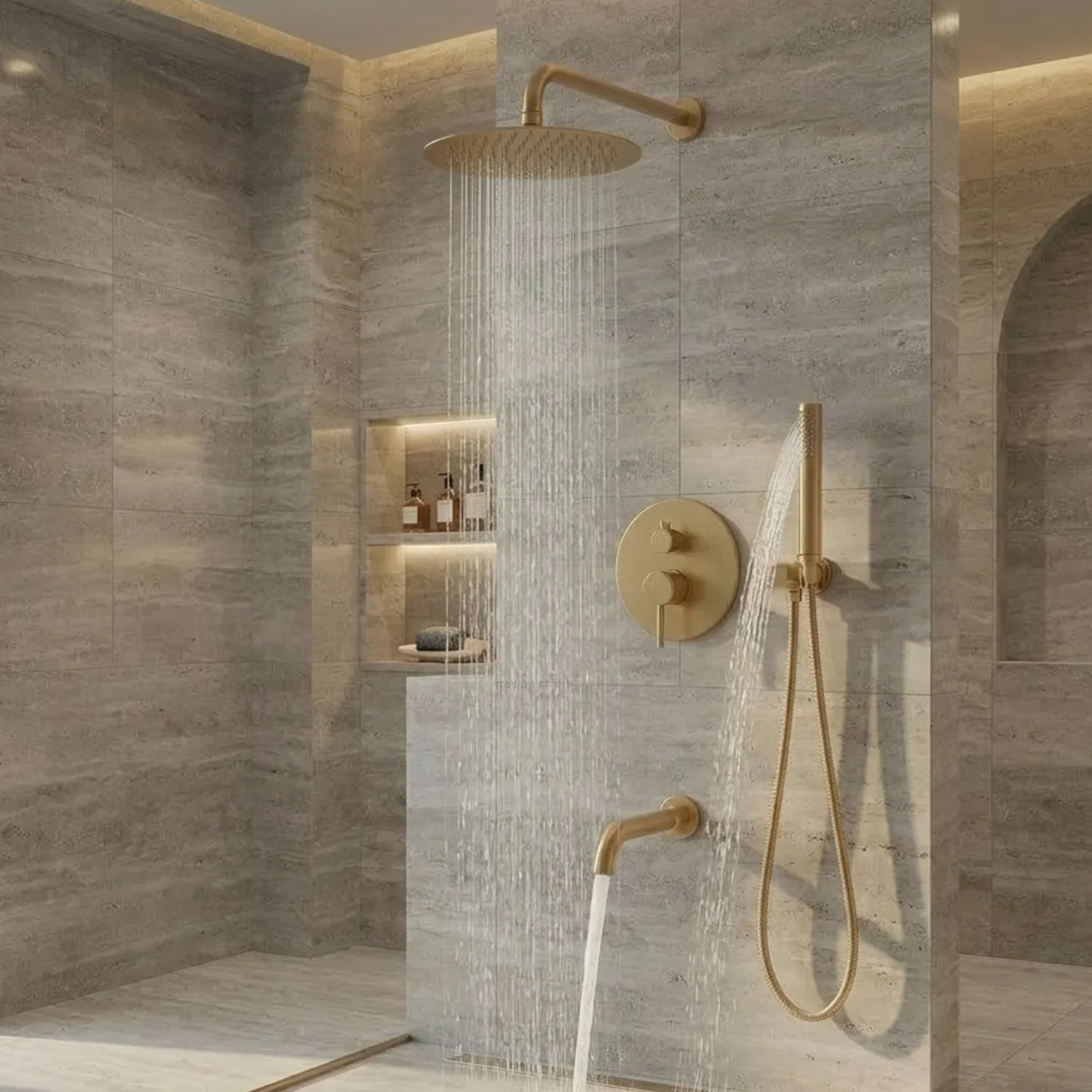 Odense -Brushed Gold Shower Faucet Wall Mounted Big Rainfall Head Hand Sprayer Set - Image 8