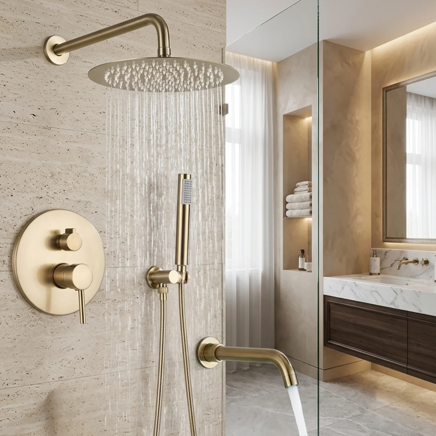 Odense -Brushed Gold Shower Faucet Wall Mounted Big Rainfall Head Hand Sprayer Set - Image 9