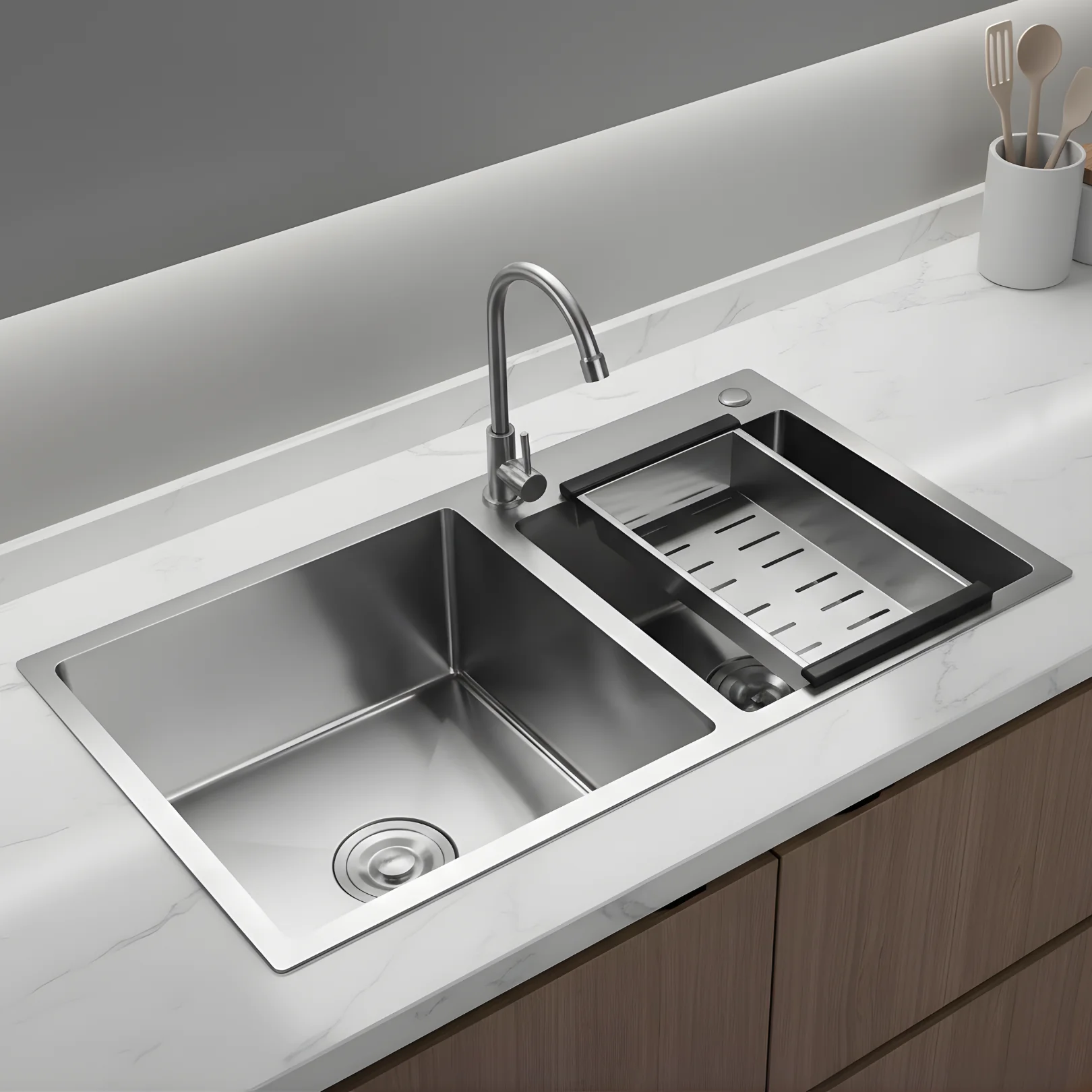 Strolberg - Drop-in Workstation Sink - Stainless Steel Double Bowl Kitchen Sink with Noise Reduction - Silver - Image 9