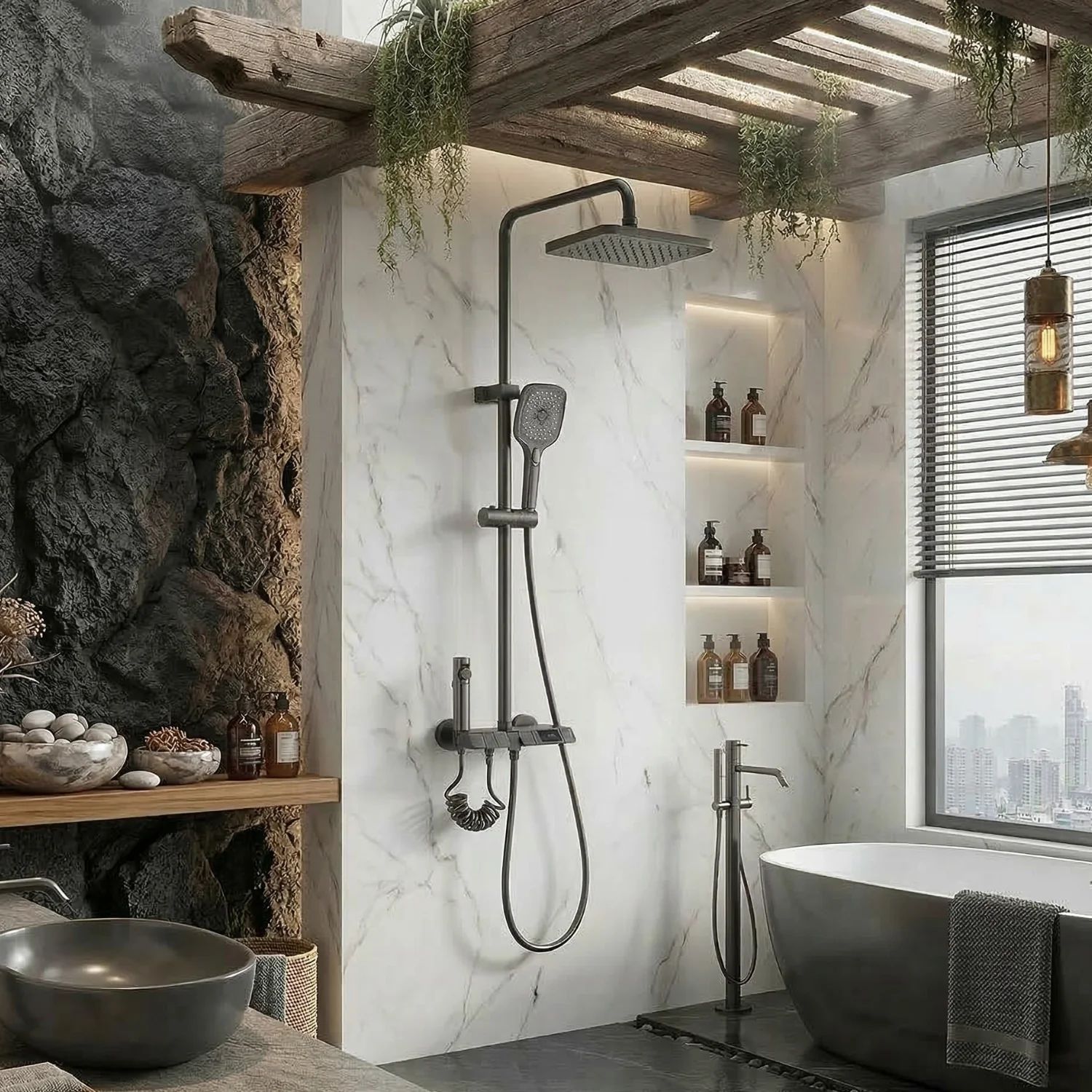 Turku - Digital Thermostatic Shower Faucet Set with LED Temperature Display 4 Function Rainfall Shower System Wall Mounted Hot Cold Mixer - Image 4
