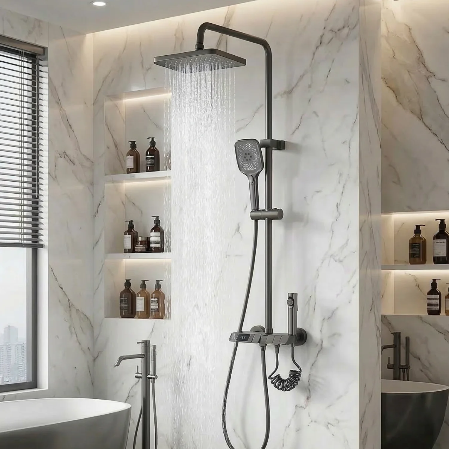 Turku - Digital Thermostatic Shower Faucet Set with LED Temperature Display 4 Function Rainfall Shower System Wall Mounted Hot Cold Mixer - Image 5