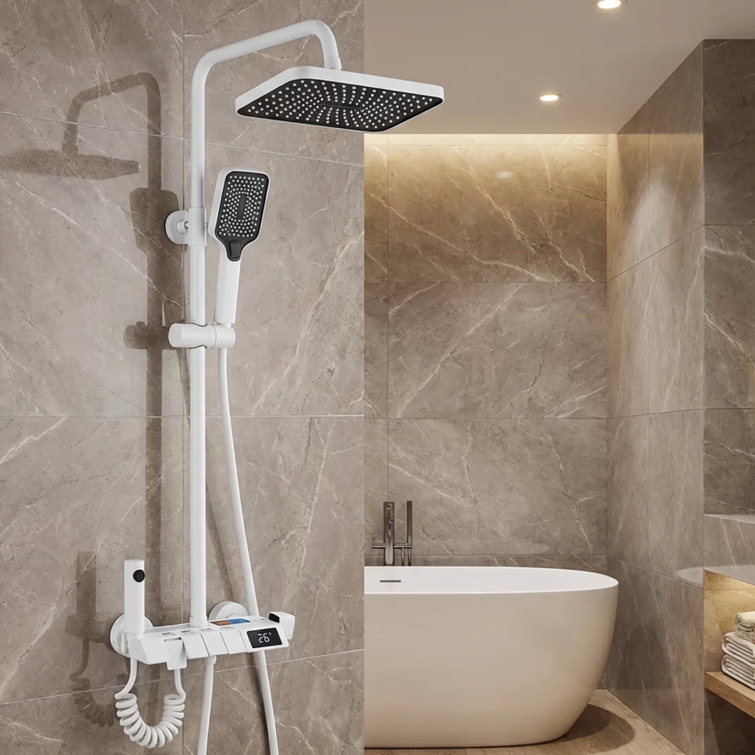 Turku - Digital Thermostatic Shower Faucet Set with LED Temperature Display 4 Function Rainfall Shower System Wall Mounted Hot Cold Mixer - Image 7