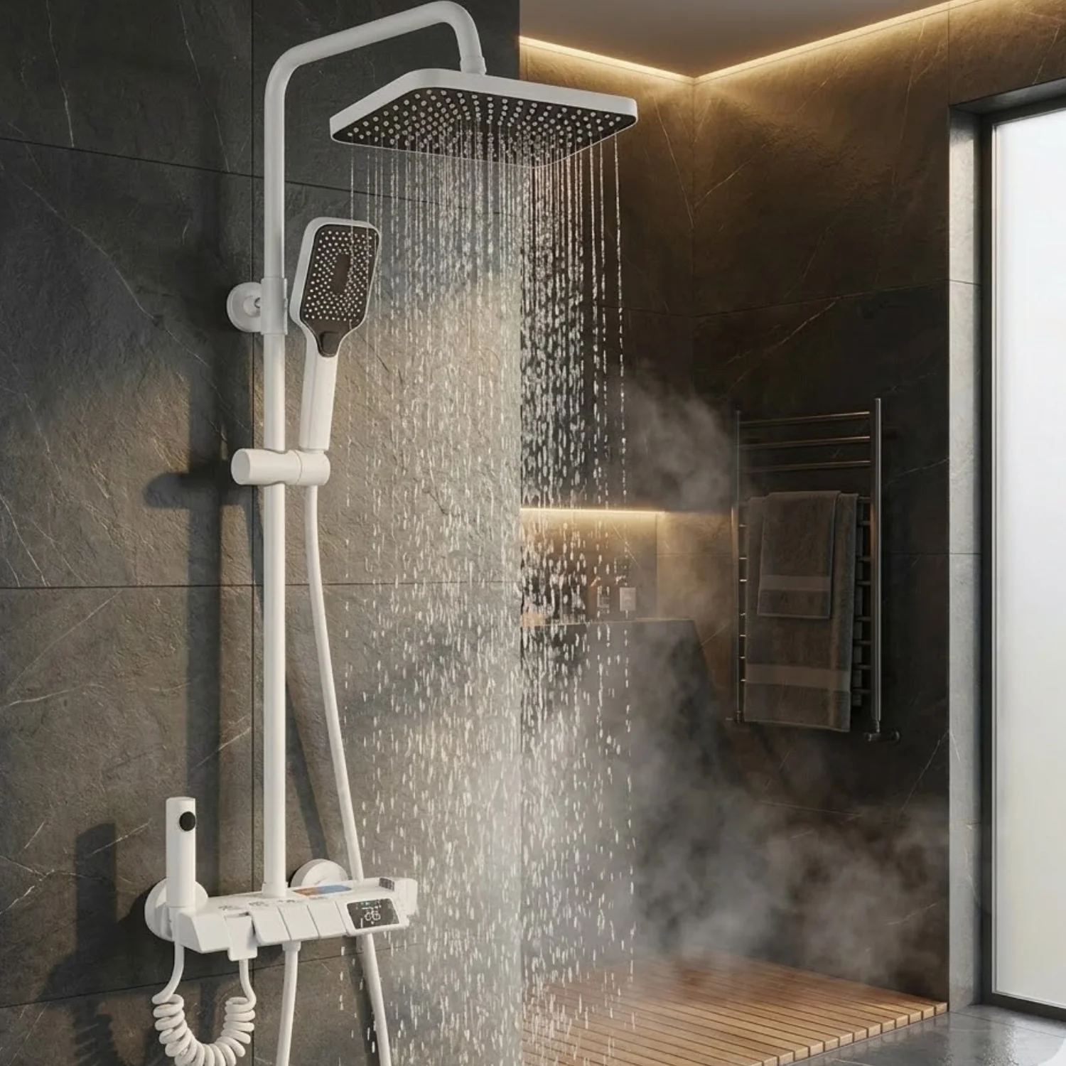 Turku - Digital Thermostatic Shower Faucet Set with LED Temperature Display 4 Function Rainfall Shower System Wall Mounted Hot Cold Mixer - Image 8