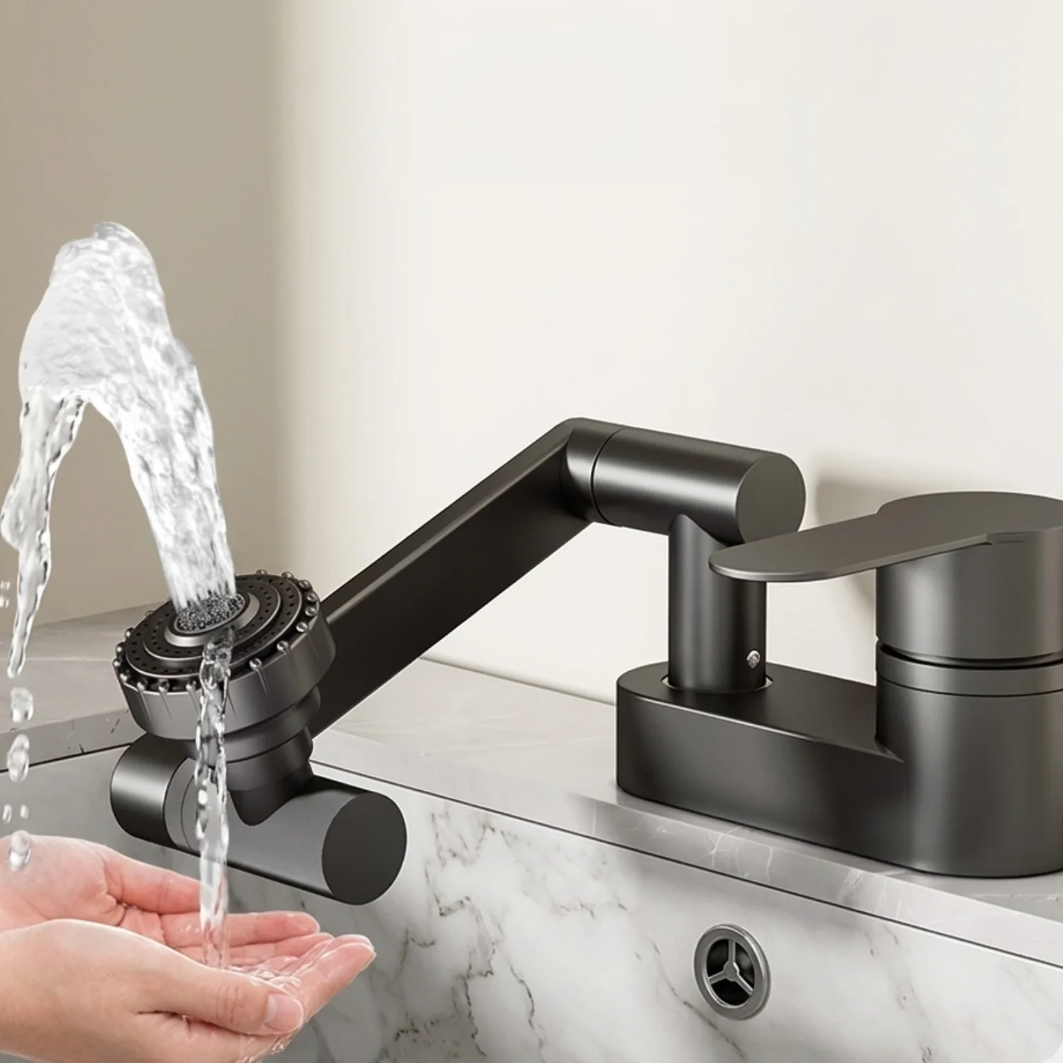 Uupsala - Wash Basin Faucet Double Hole Hot & Cold Mixer Tap with 2-Mode Rotating Nozzle Bathroom Sink Faucet - Image 3