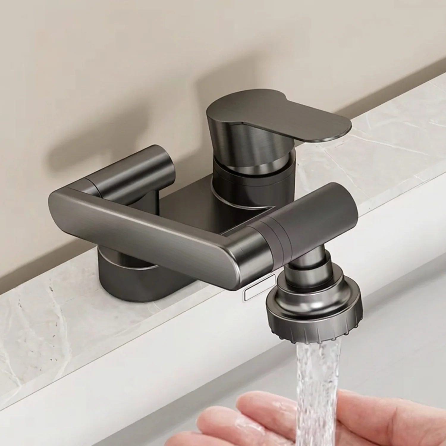 Uupsala - Wash Basin Faucet Double Hole Hot & Cold Mixer Tap with 2-Mode Rotating Nozzle Bathroom Sink Faucet - Image 4