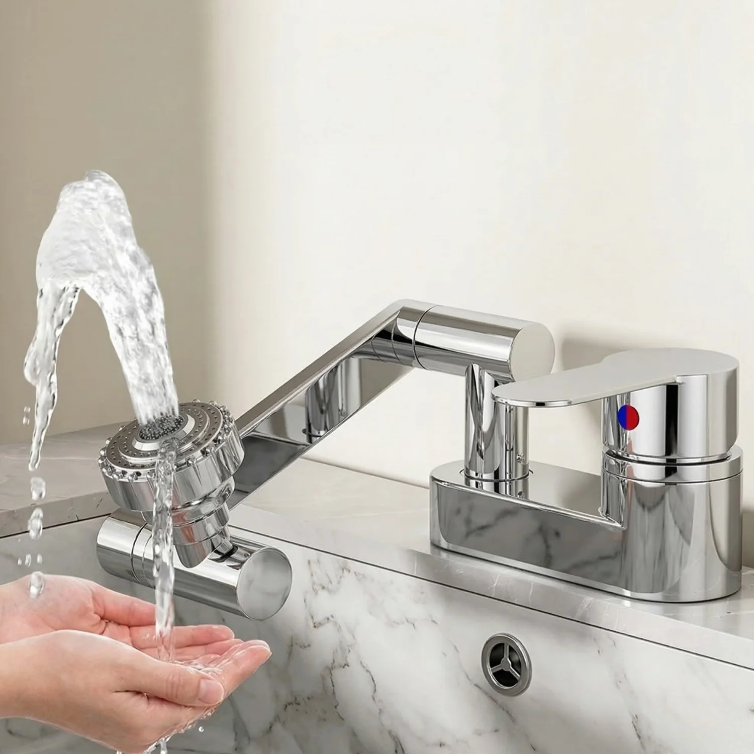 Uupsala - Wash Basin Faucet Double Hole Hot & Cold Mixer Tap with 2-Mode Rotating Nozzle Bathroom Sink Faucet - Image 8