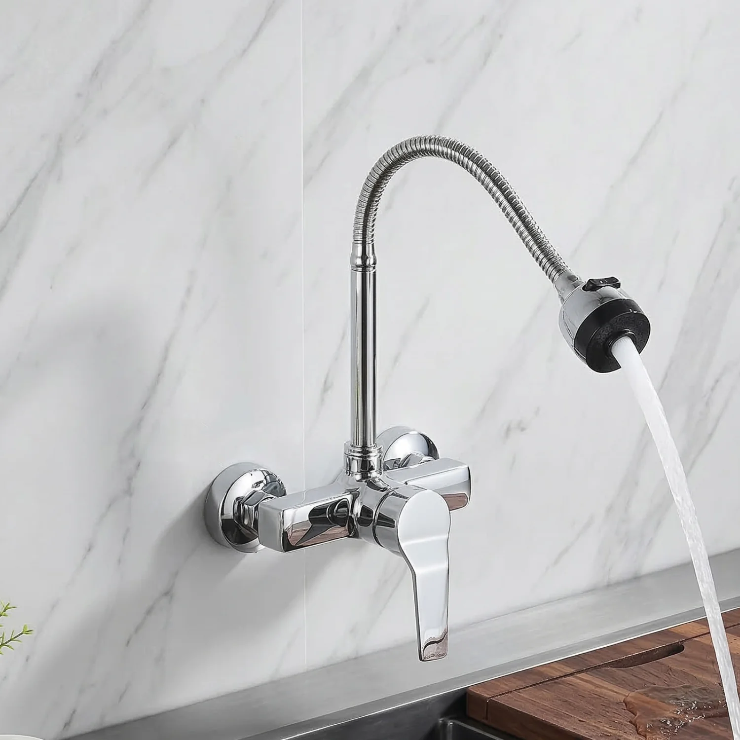Vanern - Wall Mounted Dual Hole Kitchen Faucet Lead Free Hot Cold Water Mixer Tap Stream Spray Bubbler 360 Rotation Flexible Pipe Control - Image 3
