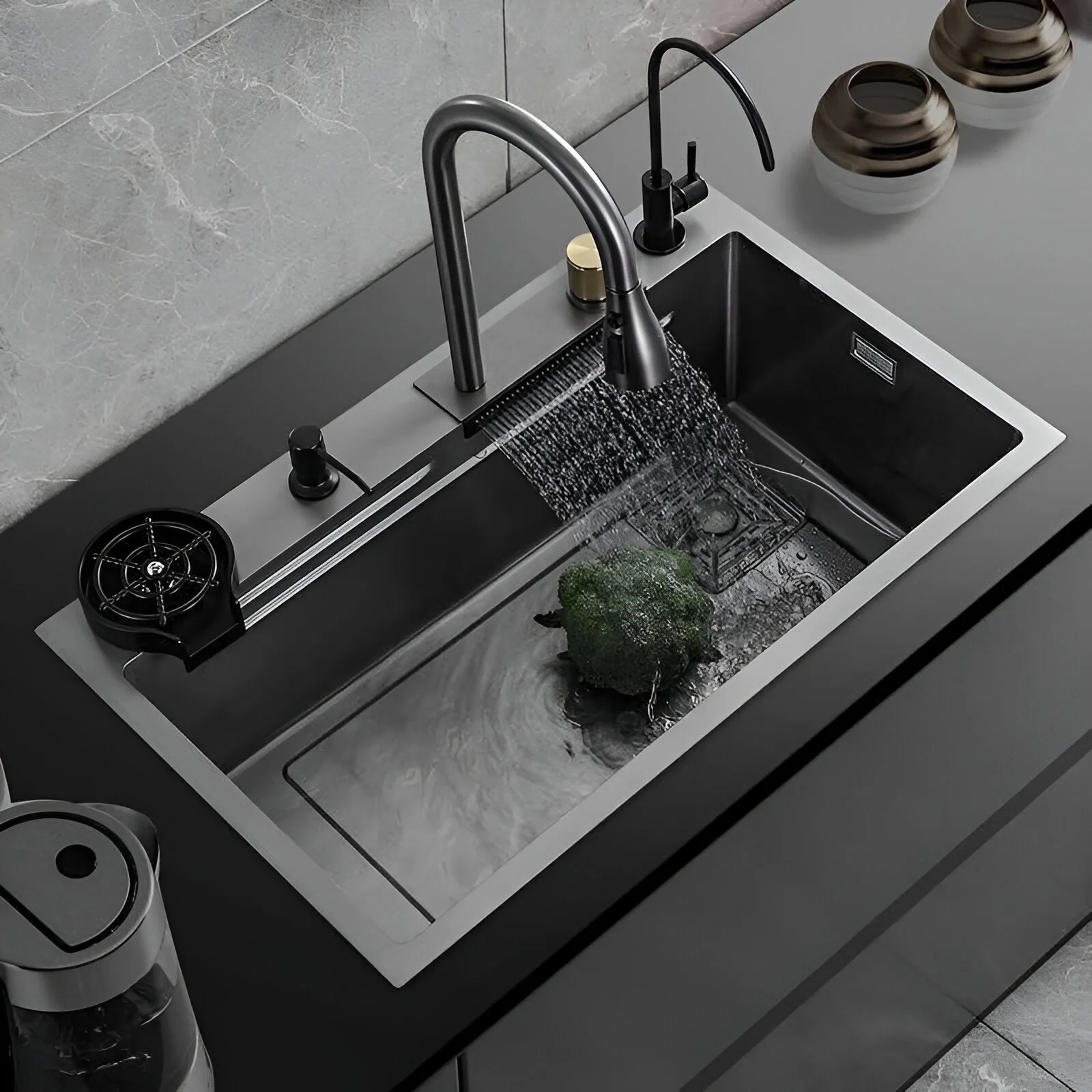 Ristafallet - Workstation Kitchen Sink & Faucet Waterfall Stainless Steel Dish Basin - Image 10