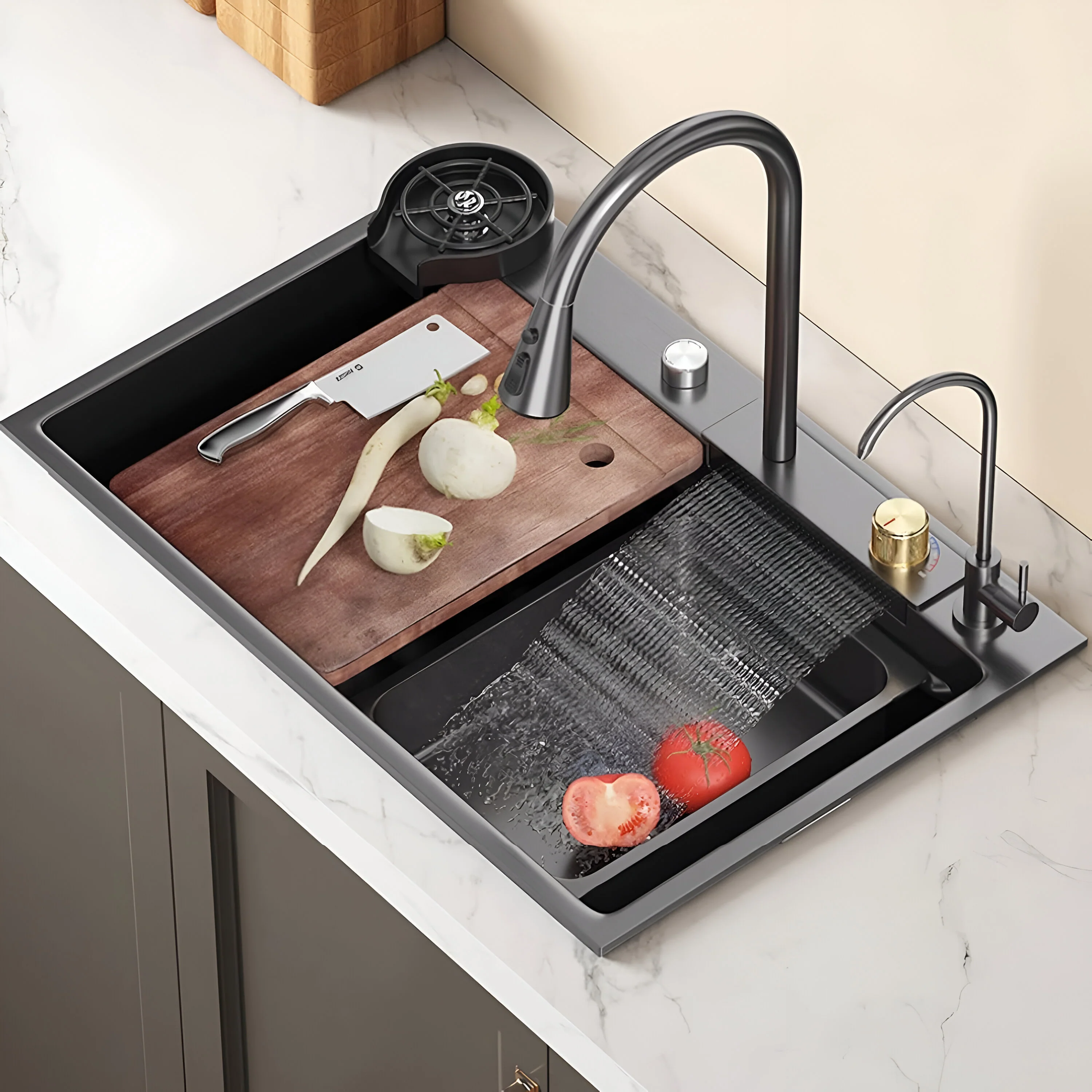 Ristafallet - Workstation Kitchen Sink & Faucet Waterfall Stainless Steel Dish Basin - Image 14