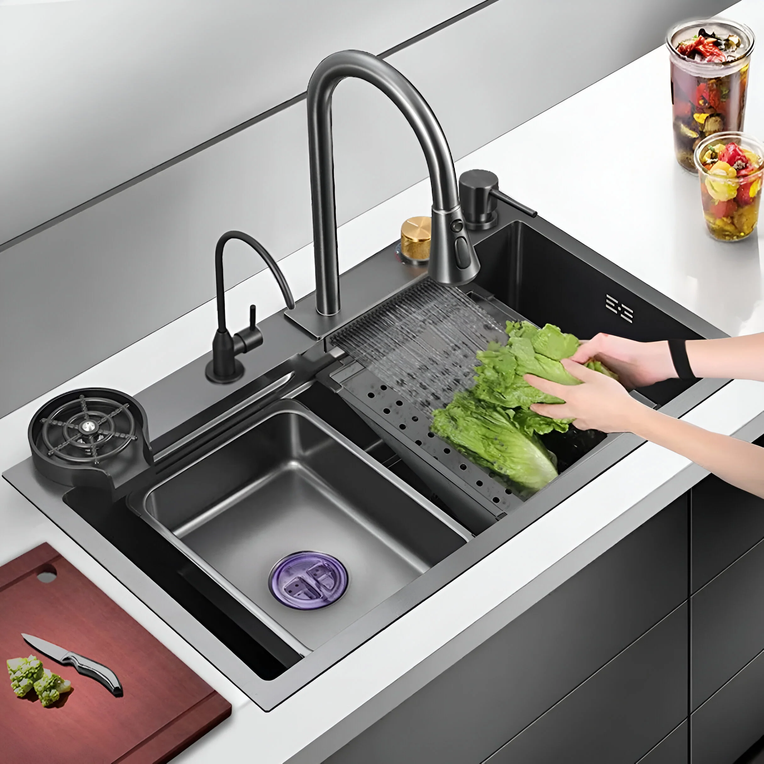 Ristafallet - Workstation Kitchen Sink & Faucet Waterfall Stainless Steel Dish Basin - Image 16
