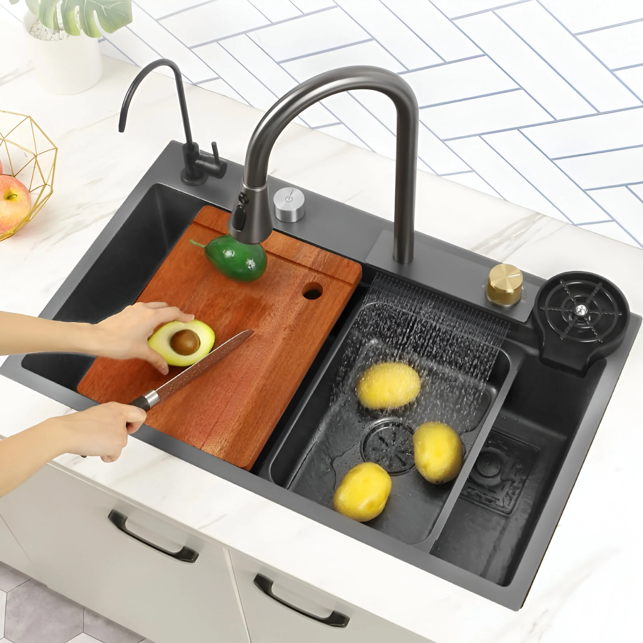 Ristafallet - Workstation Kitchen Sink & Faucet Waterfall Stainless Steel Dish Basin - Image 17