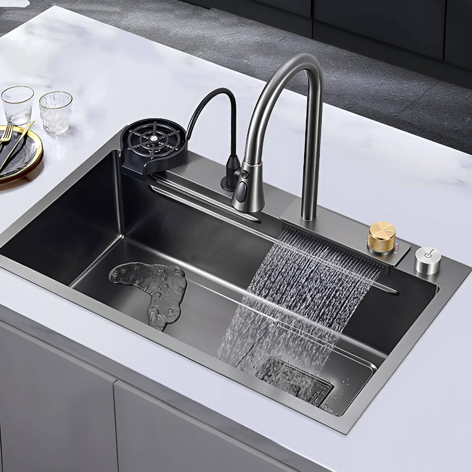 Ristafallet - Workstation Kitchen Sink & Faucet Waterfall Stainless Steel Dish Basin - Image 8